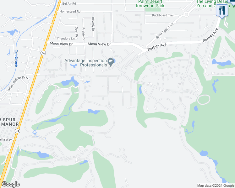 map of restaurants, bars, coffee shops, grocery stores, and more near 73115 Crosby Lane in Palm Desert