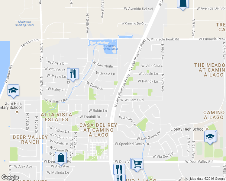 map of restaurants, bars, coffee shops, grocery stores, and more near 10205 West Daley Lane in Peoria