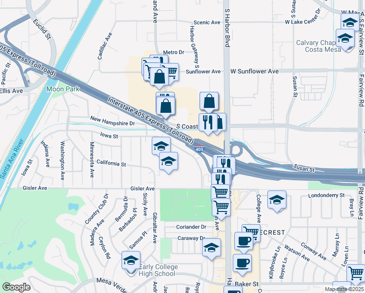 map of restaurants, bars, coffee shops, grocery stores, and more near 1634 Iowa Street in Costa Mesa