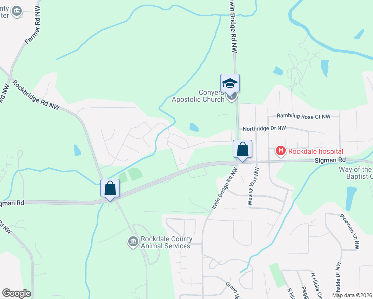 map of restaurants, bars, coffee shops, grocery stores, and more near 1821 Millstream Hollow in Conyers