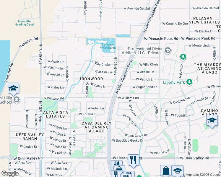 map of restaurants, bars, coffee shops, grocery stores, and more near 10205 West Daley Lane in Peoria