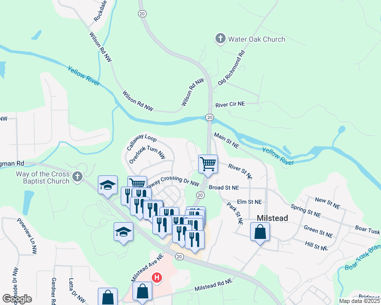 map of restaurants, bars, coffee shops, grocery stores, and more near 1777 Yellow Street Northwest in Conyers