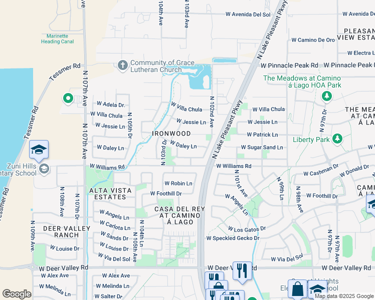 map of restaurants, bars, coffee shops, grocery stores, and more near 10237 W Daley Ln in Peoria
