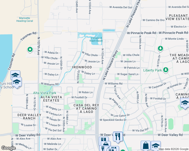 map of restaurants, bars, coffee shops, grocery stores, and more near 10205 West Daley Lane in Peoria