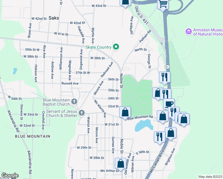 map of restaurants, bars, coffee shops, grocery stores, and more near 3500 Gurnee Avenue in Anniston