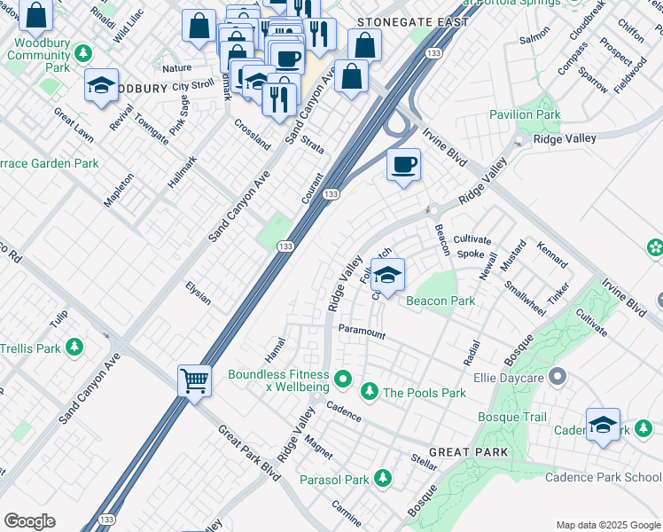 map of restaurants, bars, coffee shops, grocery stores, and more near 159 Follyhatch in Irvine