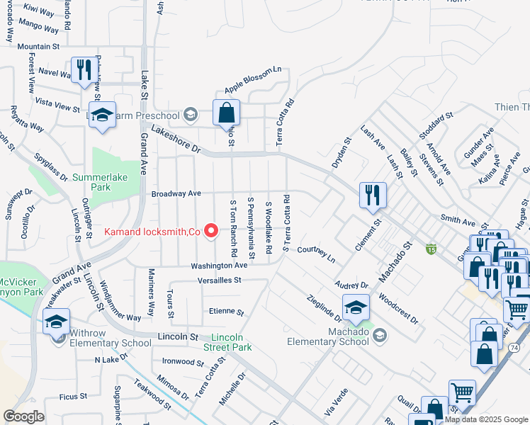 map of restaurants, bars, coffee shops, grocery stores, and more near 169 South Woodlake Street in Lake Elsinore