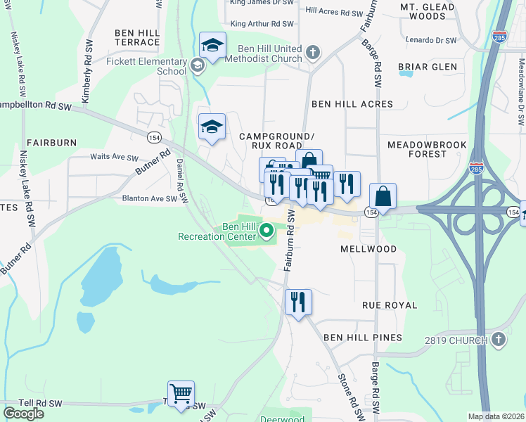 map of restaurants, bars, coffee shops, grocery stores, and more near 3810 Campbellton Road Southwest in Atlanta