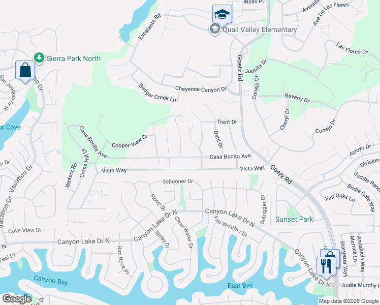 map of restaurants, bars, coffee shops, grocery stores, and more near 23630 Casa Bonita Avenue in Canyon Lake