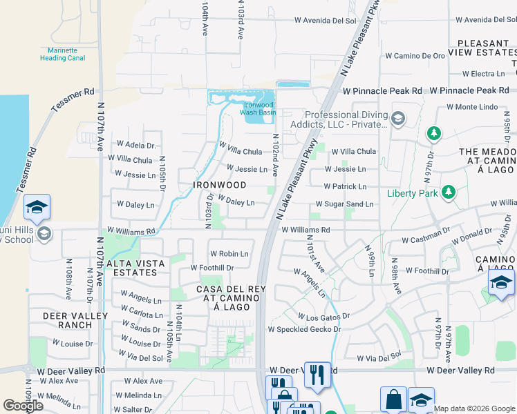 map of restaurants, bars, coffee shops, grocery stores, and more near 10205 West Daley Lane in Peoria