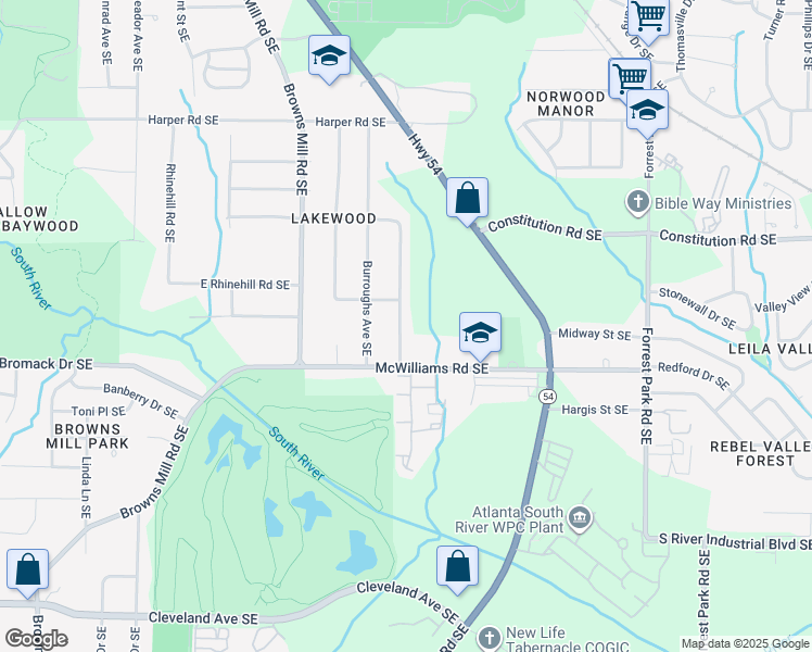 map of restaurants, bars, coffee shops, grocery stores, and more near 2344 Carey Drive Southeast in Atlanta