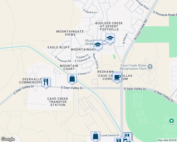 map of restaurants, bars, coffee shops, grocery stores, and more near 2151 East Robin Lane in Phoenix