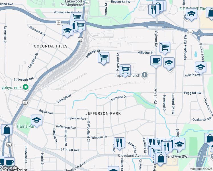 map of restaurants, bars, coffee shops, grocery stores, and more near 1154 Oakleigh Drive in Atlanta