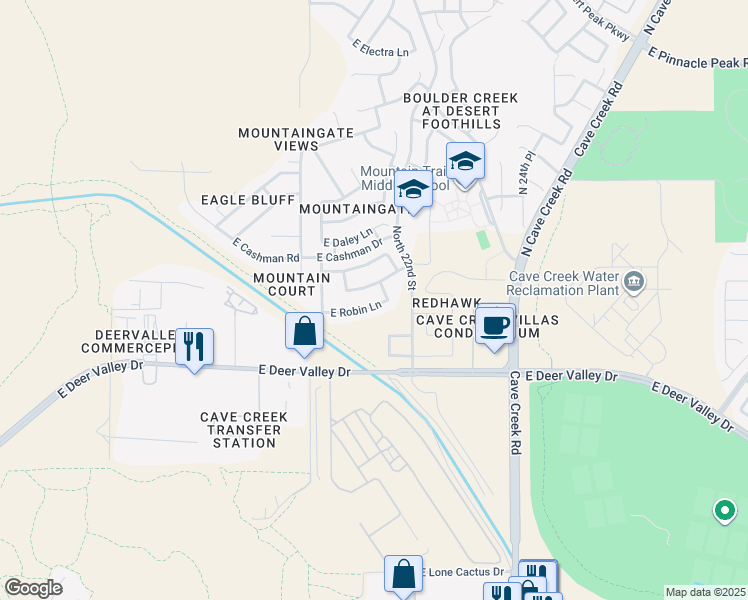 map of restaurants, bars, coffee shops, grocery stores, and more near 2151 East Robin Lane in Phoenix