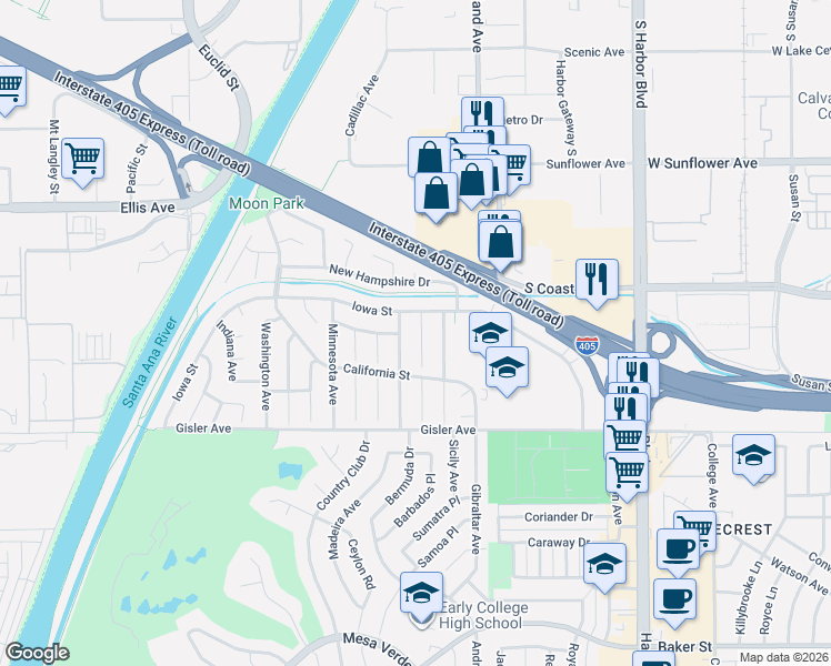 map of restaurants, bars, coffee shops, grocery stores, and more near 3269 Colorado Lane in Costa Mesa