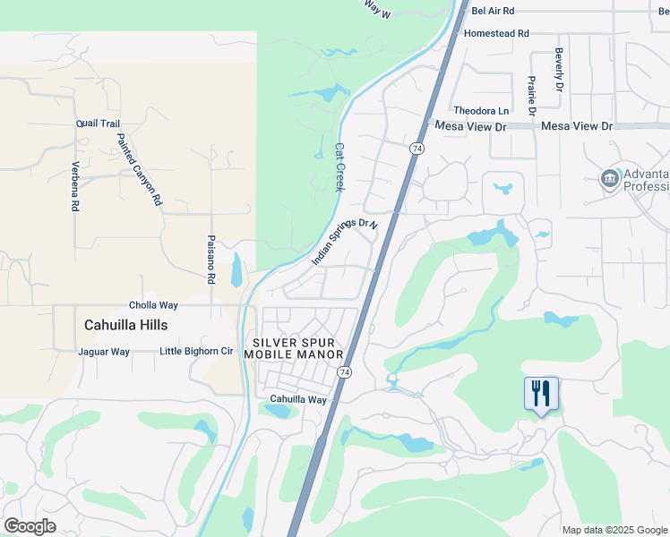 map of restaurants, bars, coffee shops, grocery stores, and more near 49305 California 74 in Palm Desert