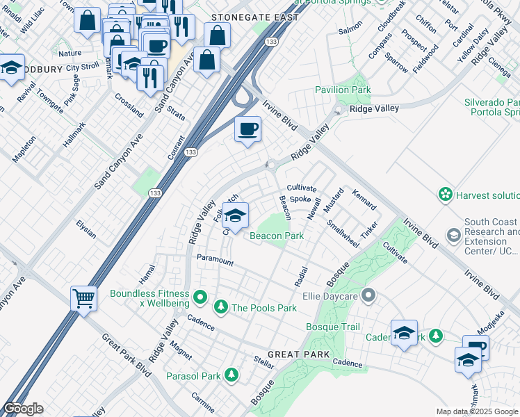 map of restaurants, bars, coffee shops, grocery stores, and more near 188 Fixie in Irvine