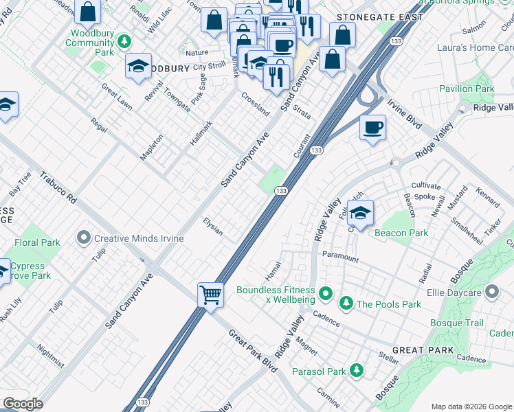 map of restaurants, bars, coffee shops, grocery stores, and more near 308 Bronze in Irvine