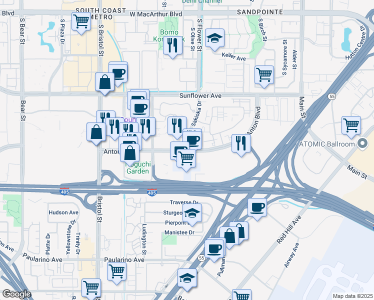 map of restaurants, bars, coffee shops, grocery stores, and more near Anton Boulevard & Sakioka Drive in Costa Mesa