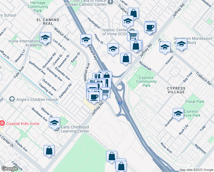 map of restaurants, bars, coffee shops, grocery stores, and more near 5404 Walnut Avenue in Irvine