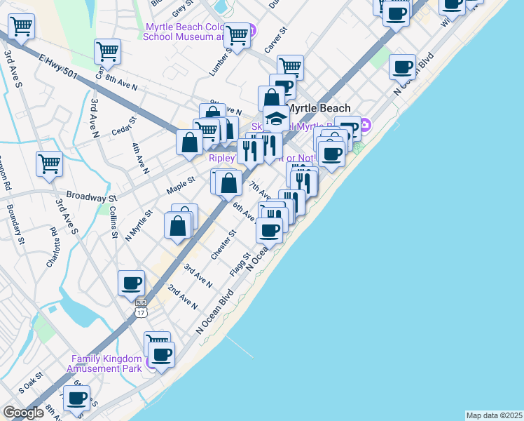 map of restaurants, bars, coffee shops, grocery stores, and more near 600 Chester Street in Myrtle Beach