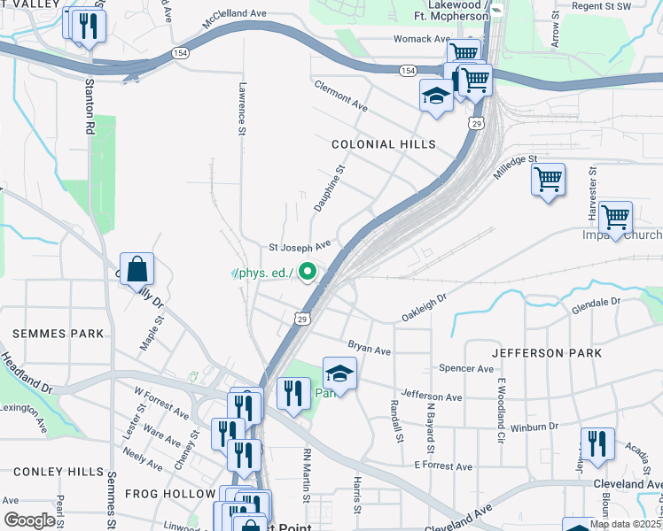 map of restaurants, bars, coffee shops, grocery stores, and more near 2373 Main Street in East Point