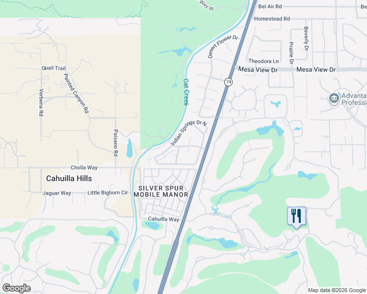 map of restaurants, bars, coffee shops, grocery stores, and more near 49305 California 74 in Palm Desert