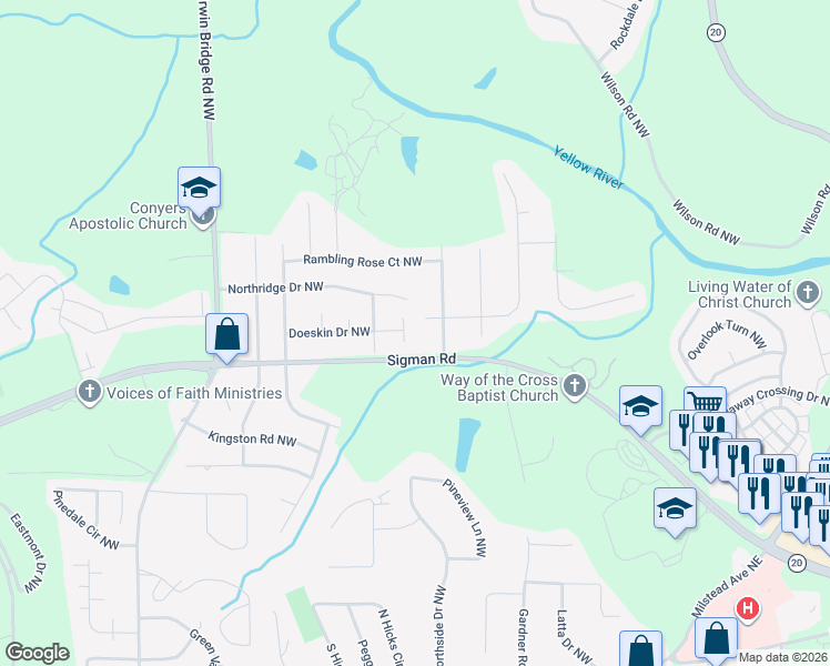 map of restaurants, bars, coffee shops, grocery stores, and more near 1707 Old Camp Trail Northwest in Conyers