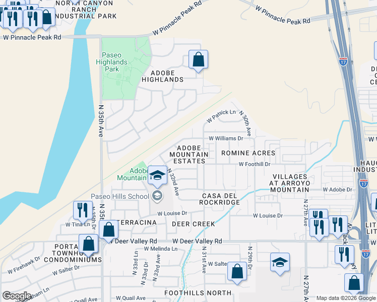 map of restaurants, bars, coffee shops, grocery stores, and more near 3148 West Robin Lane in Phoenix