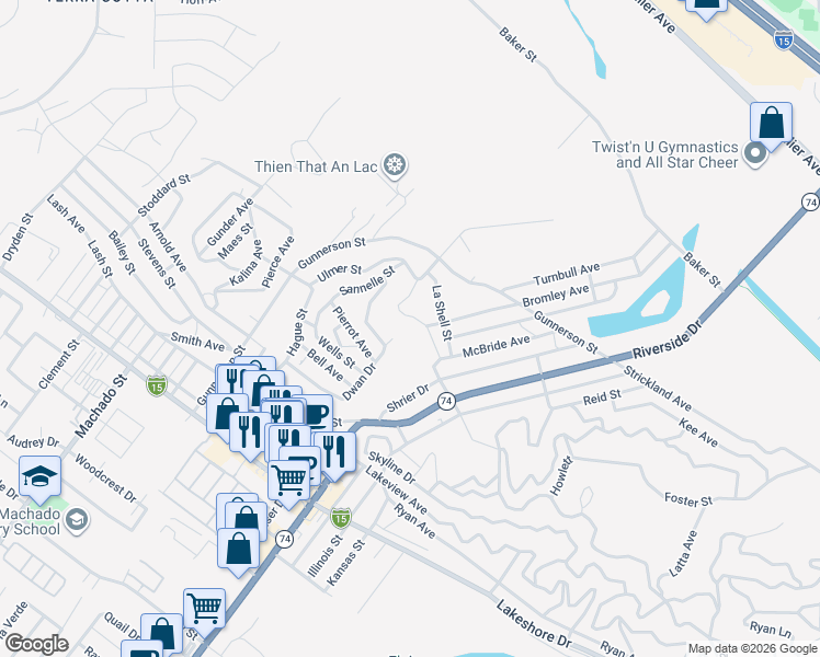 map of restaurants, bars, coffee shops, grocery stores, and more near Robertson Street in Lake Elsinore