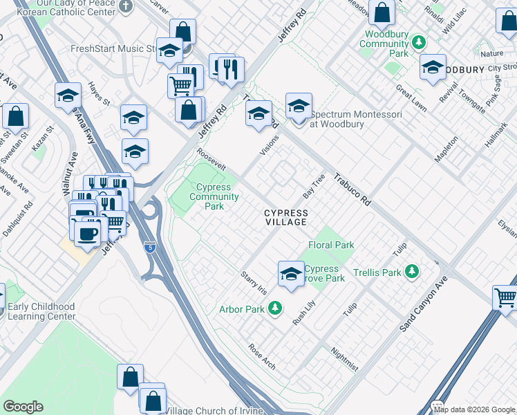 map of restaurants, bars, coffee shops, grocery stores, and more near 232 Piccolo in Irvine