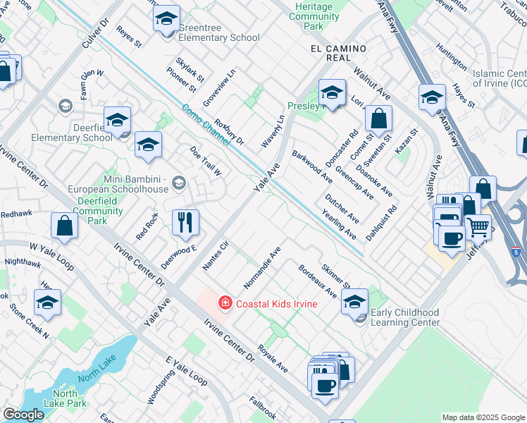 map of restaurants, bars, coffee shops, grocery stores, and more near 4852 Kron in Irvine