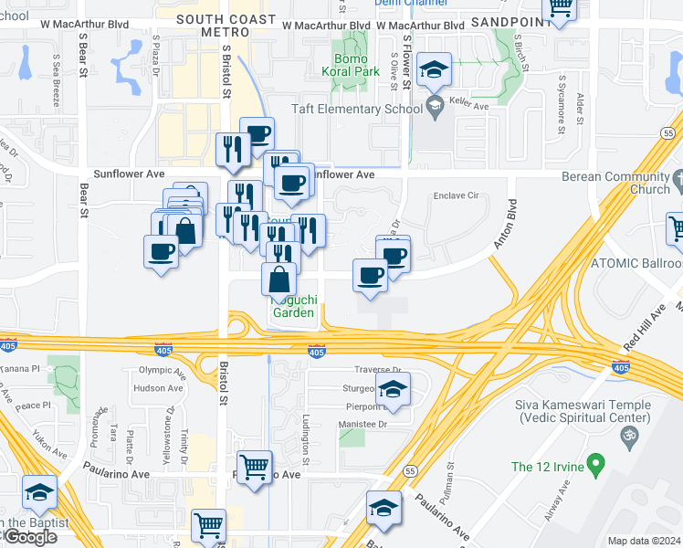 map of restaurants, bars, coffee shops, grocery stores, and more near 591 Anton Boulevard in Costa Mesa