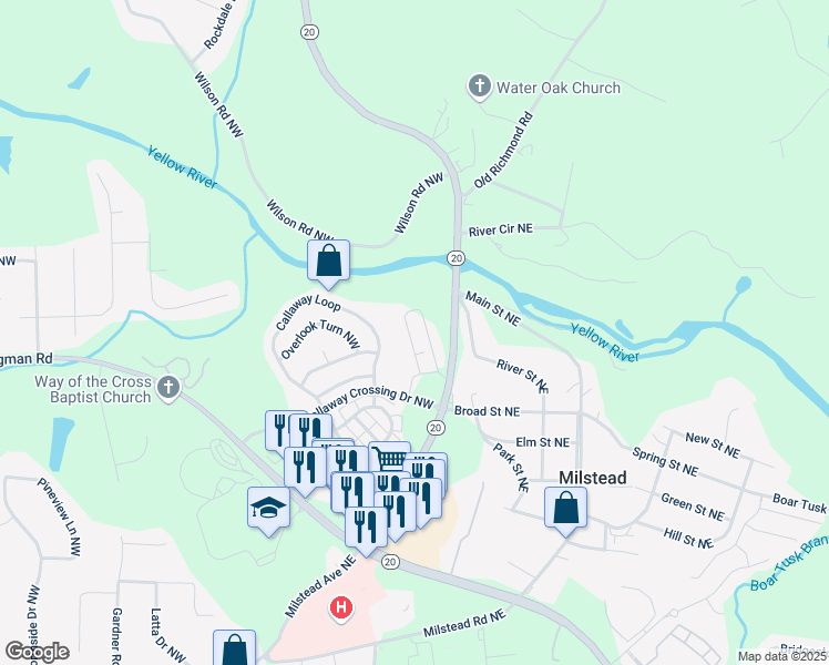 map of restaurants, bars, coffee shops, grocery stores, and more near 1777 Yellow Street Northwest in Conyers