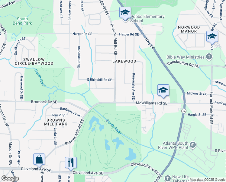map of restaurants, bars, coffee shops, grocery stores, and more near 2319 Browns Mill Road Southeast in Atlanta