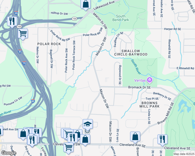 map of restaurants, bars, coffee shops, grocery stores, and more near 2355 Macon Drive Southwest in Atlanta