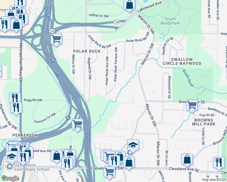 map of restaurants, bars, coffee shops, grocery stores, and more near 164 Polar Rock Drive Southwest in Atlanta