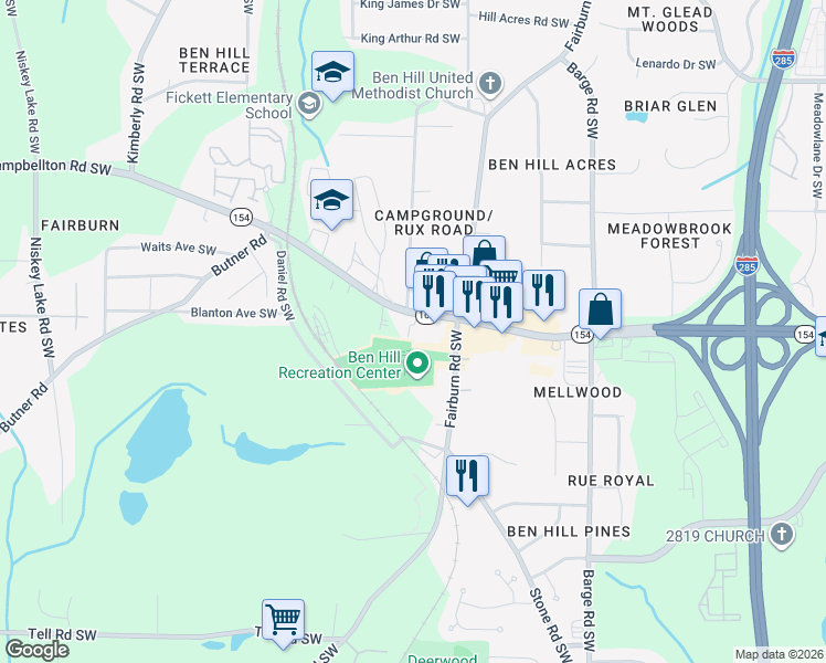 map of restaurants, bars, coffee shops, grocery stores, and more near 3810 Campbellton Road Southwest in Atlanta