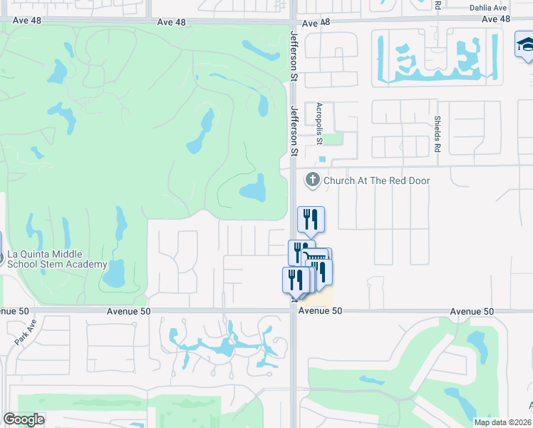 map of restaurants, bars, coffee shops, grocery stores, and more near 79854 Mission Drive East in La Quinta