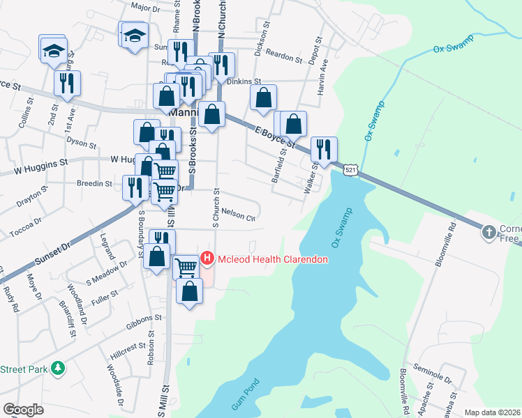 map of restaurants, bars, coffee shops, grocery stores, and more near 135 Nelson Circle in Manning