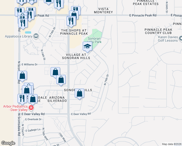 map of restaurants, bars, coffee shops, grocery stores, and more near 22479 North 77th Place in Scottsdale