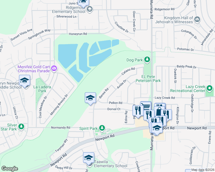 map of restaurants, bars, coffee shops, grocery stores, and more near 29763 Berea Road in Menifee