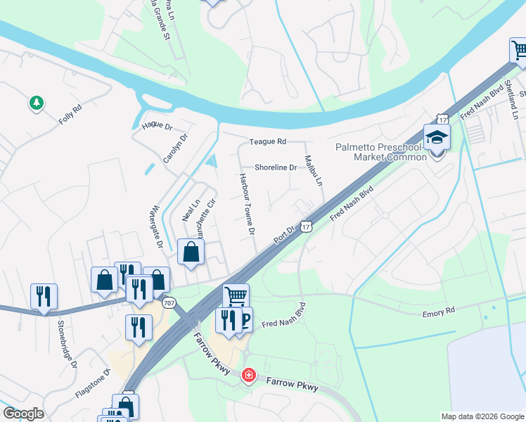 map of restaurants, bars, coffee shops, grocery stores, and more near 1257 Viking Drive in Myrtle Beach