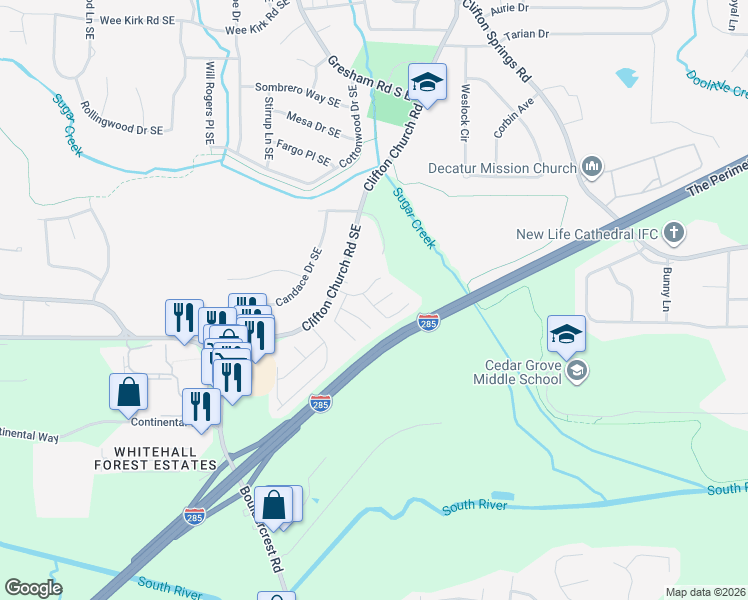map of restaurants, bars, coffee shops, grocery stores, and more near 3237 Sugar Creek Trce in Atlanta