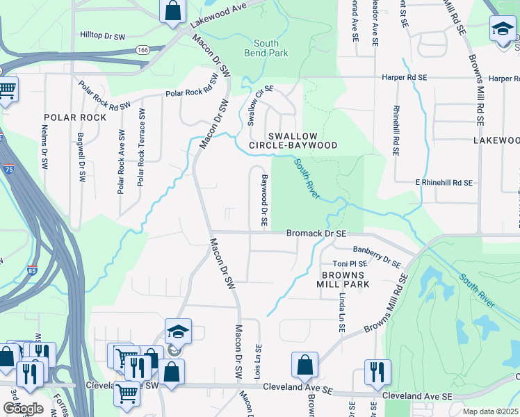 map of restaurants, bars, coffee shops, grocery stores, and more near 2374 Baywood Drive Southeast in Atlanta