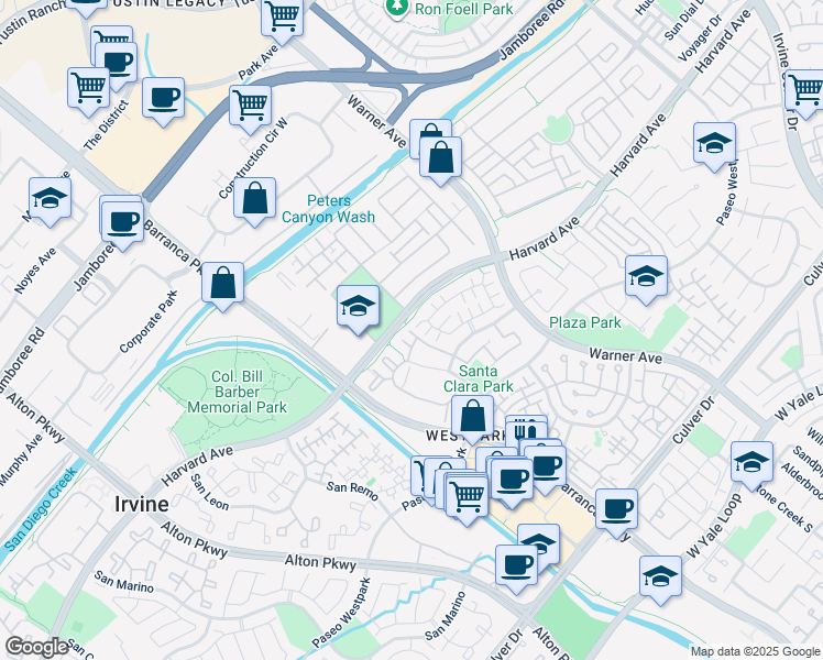 map of restaurants, bars, coffee shops, grocery stores, and more near 100 Santorini in Irvine