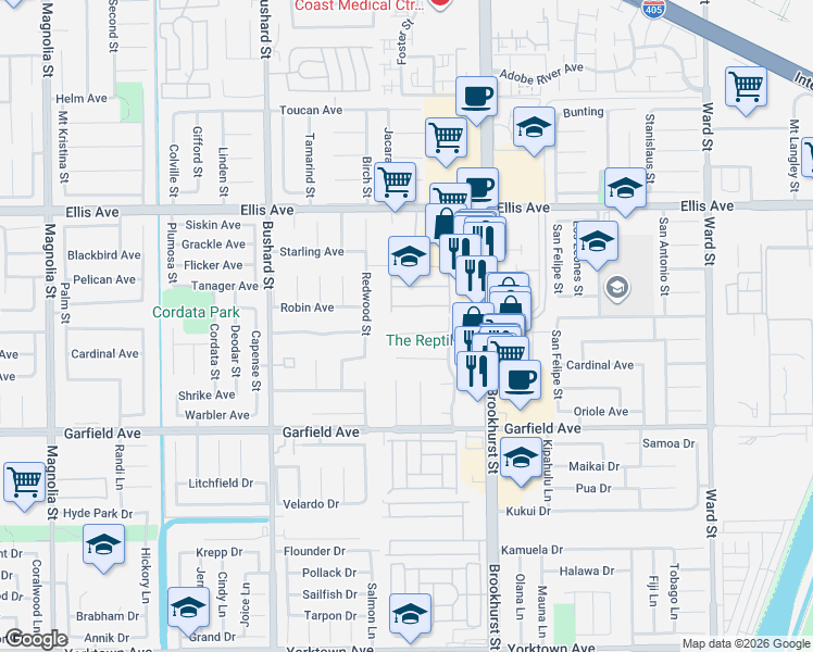 map of restaurants, bars, coffee shops, grocery stores, and more near 9809 Red River Circle in Fountain Valley