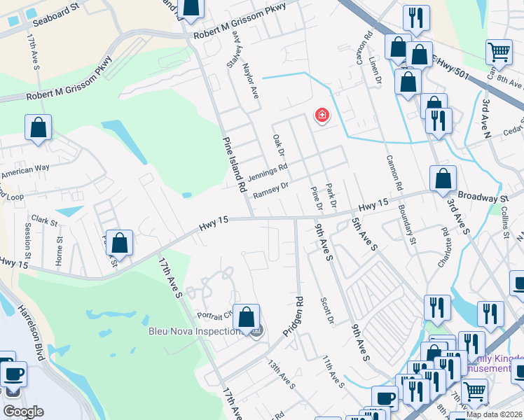 map of restaurants, bars, coffee shops, grocery stores, and more near 1110 Highway 15 in Myrtle Beach