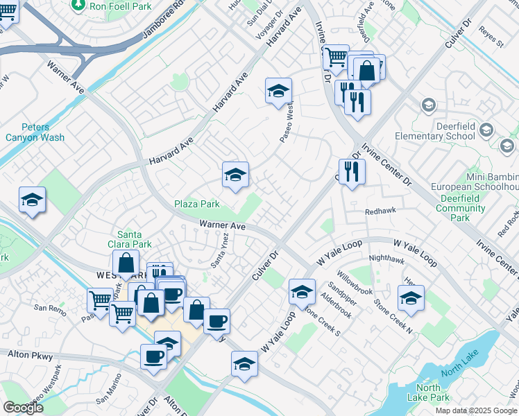 map of restaurants, bars, coffee shops, grocery stores, and more near 27 Del Carlo in Irvine