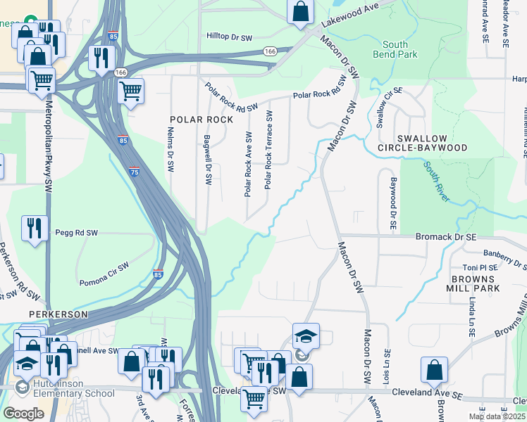 map of restaurants, bars, coffee shops, grocery stores, and more near 164 Polar Rock Drive Southwest in Atlanta